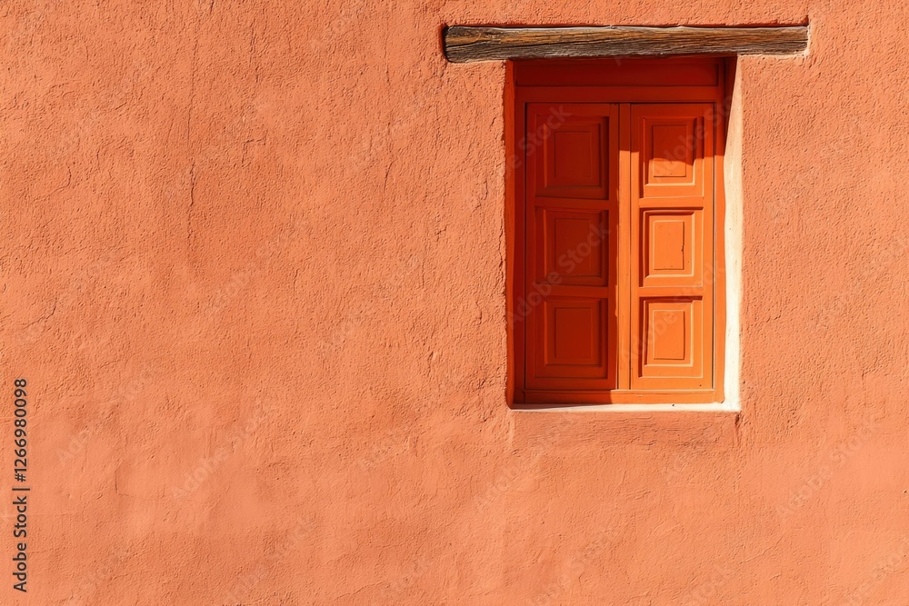 Fototapeta premium Window in adobe wall provides architectural detail in warm sunlight