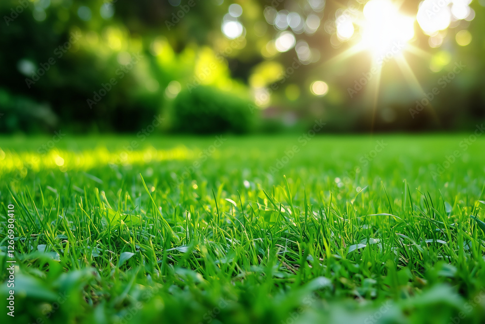 Naklejka premium Green grass meadow with blurred sun rays and abstract Spring background.
