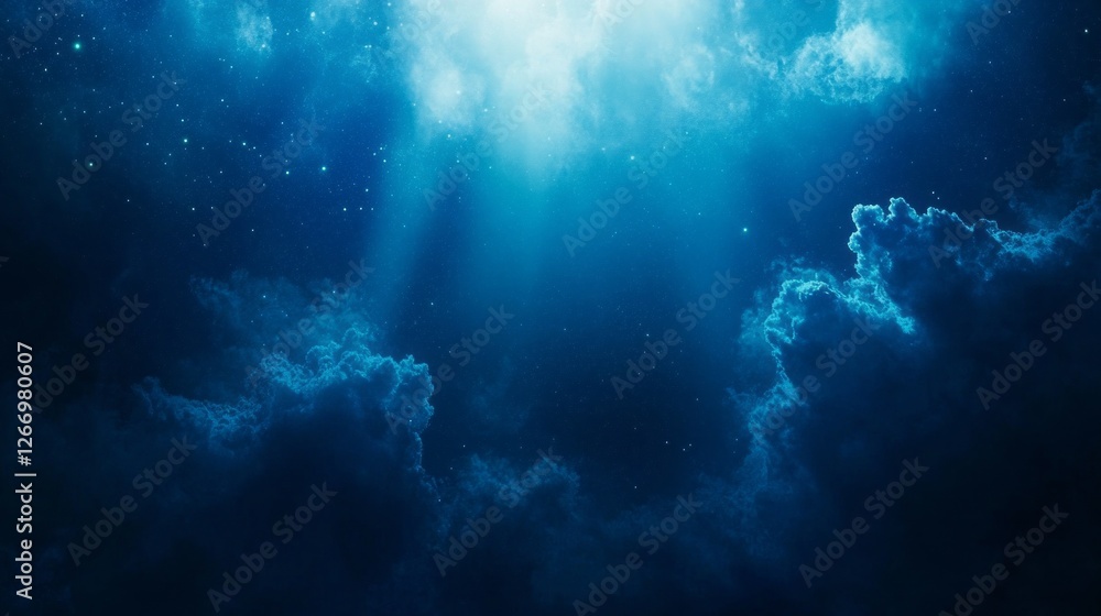 Fototapeta premium Golden beams of light cascade from the heavens, illuminating swirling clouds against a deep blue sky. This dramatic interplay evokes feelings of peace and spirituality