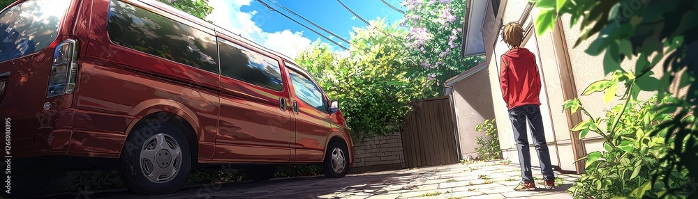 Fototapeta premium Man by Van in Alleyway, Sunny Day