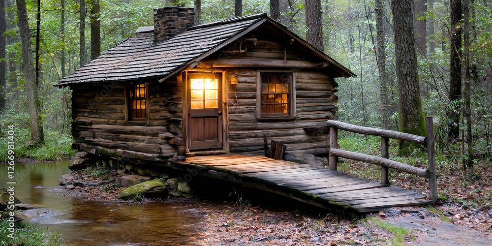 Fototapeta premium Rustic wooden cabin with warm light by a quiet stream in a dense green forest