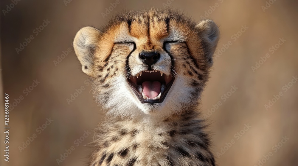 Happy Cheetah Cub Yawning, Savanna Background Happy Cheetah Cub Yawning, Savanna Background