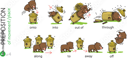 Preposition of movement. Funny bears cartoon set