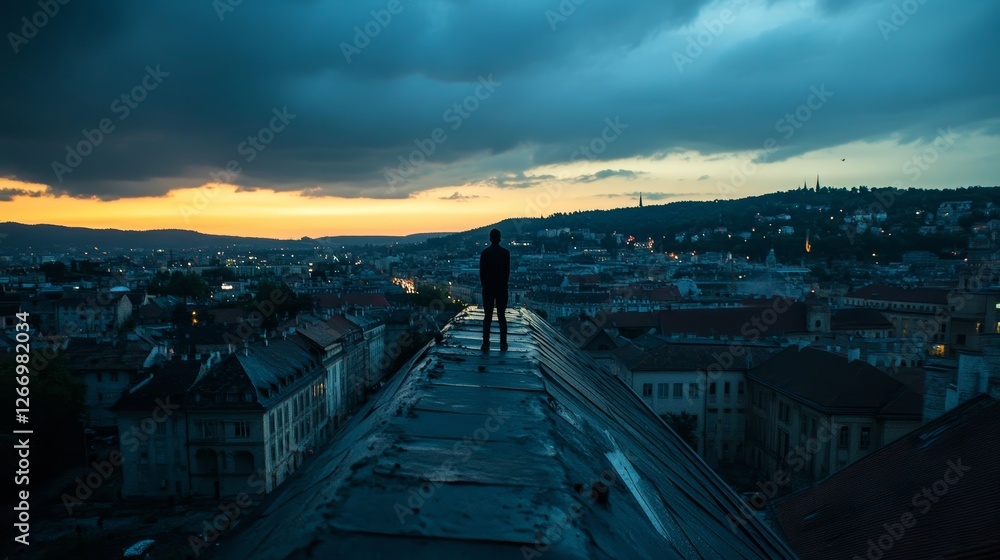 A solitary observer gazes over a cityscape at twilight from a rooftop A solitary observer gazes over a cityscape at twilight from a rooftop