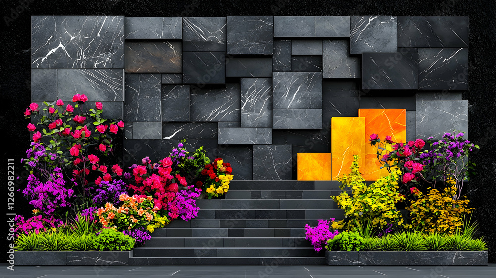 Fototapeta premium Colorful flowers frame stone stairs, modern wall backdrop