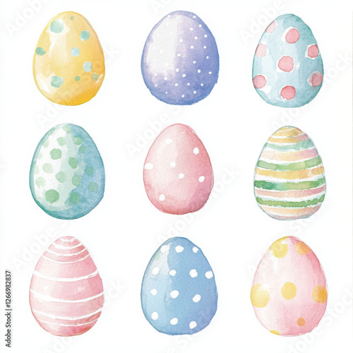 Clear pastel, clear watercolor, Easter eggs, eggs with polka dots or stripes or plaid decorative patterns, watercolor, watercolor strokes, pen pastel, white background, clip art,