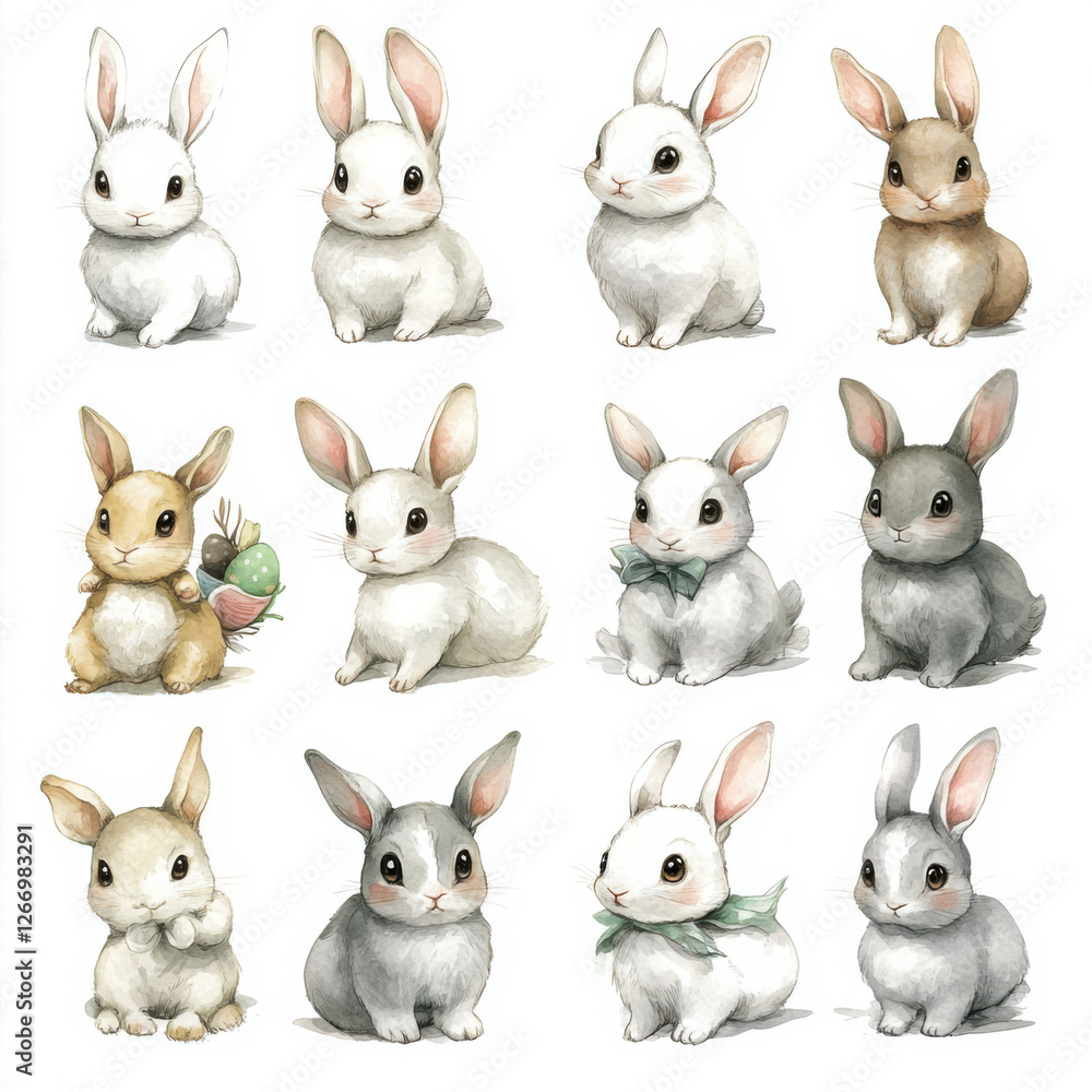 Fototapeta premium 12 images, easter themed clipart, white background, cute style, watercolour style 