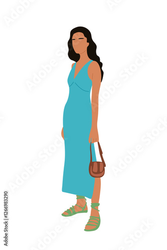 Stylish young woman wearing smart casual office outfit. Pretty female character standing in street fashion summer clothes, blue dress. Vector realistic people illustration isolated