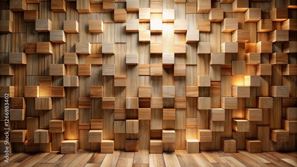 Abstract Wooden Cube Wall with Warm Lighting and Wooden Floor Abstract Wooden Cube Wall with Warm Lighting and Wooden Floor