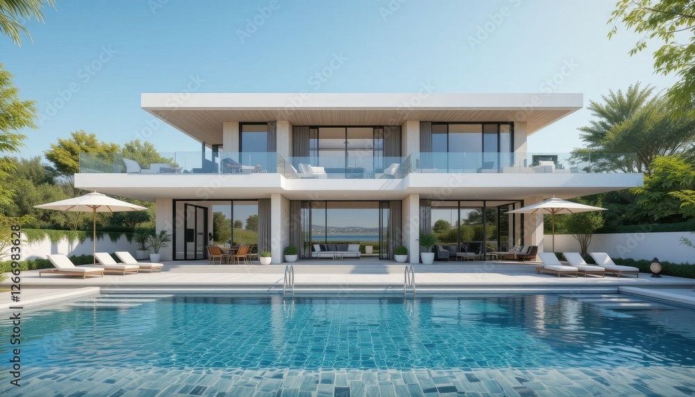 Fototapeta premium Modern luxury home with poolside view and elegant architecture