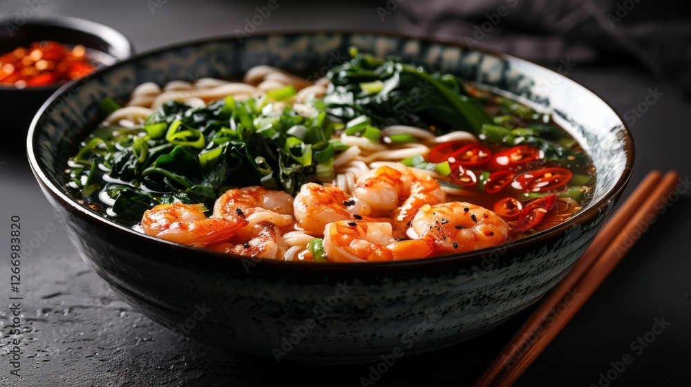 Wonton noodle soup: Bowl of Cantonese-style soup, featuring plump shrimp dumplings, thin egg noodles, and vibrant bok choy. Wonton noodle soup: Bowl of Cantonese-style soup, featuring plump shrimp dumplings, thin egg noodles, and vibrant bok choy.