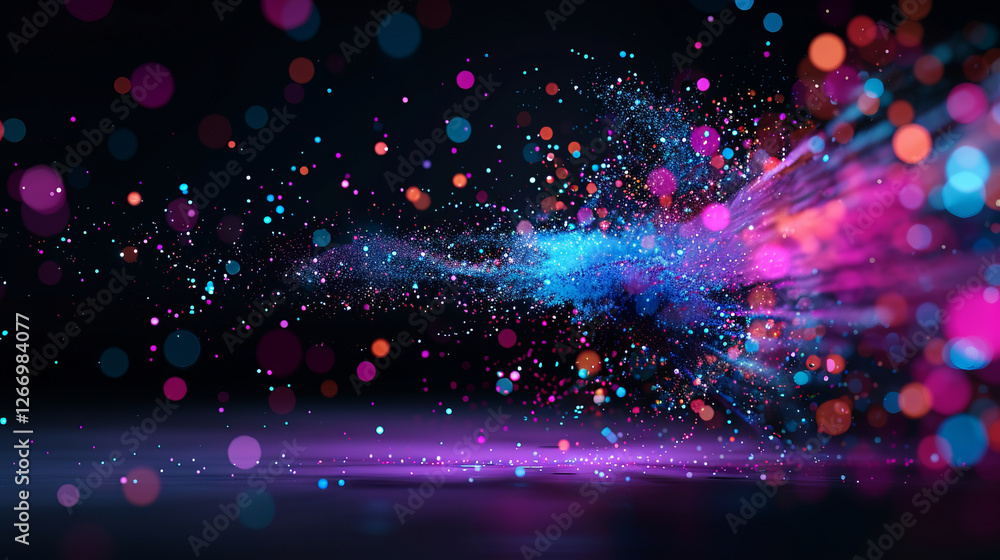 Fototapeta premium Cosmic Burst: An explosion of vibrant, multicolored particles illuminates the darkness, creating a mesmerizing display of light and energy.
