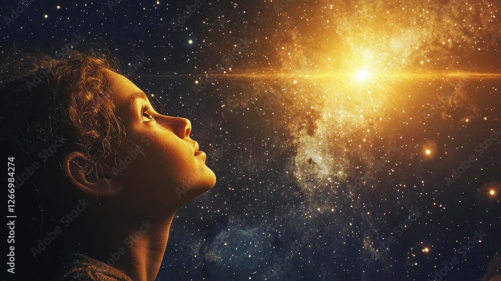 A Child's Awe Beneath a Shining Golden Star in a Starry Cosmos A Child's Awe Beneath a Shining Golden Star in a Starry Cosmos