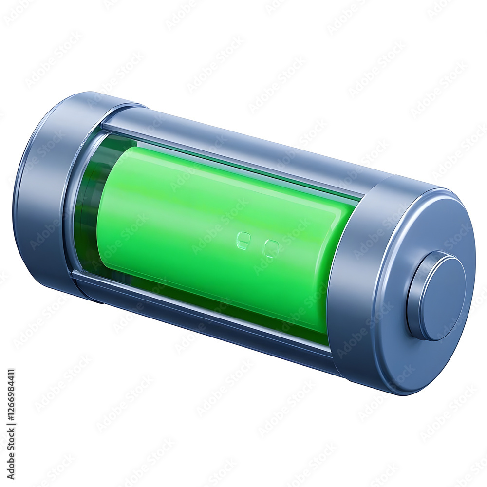 A modern 3D battery icon with a smooth, metallic finish and a glowing green energy bar A modern 3D battery icon with a smooth, metallic finish and a glowing green energy bar