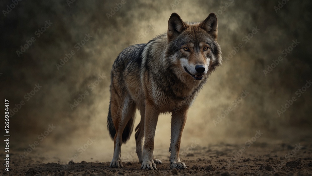Fototapeta premium Gray Wolf Portrait mysterious alert standing against a blurred natural backdrop