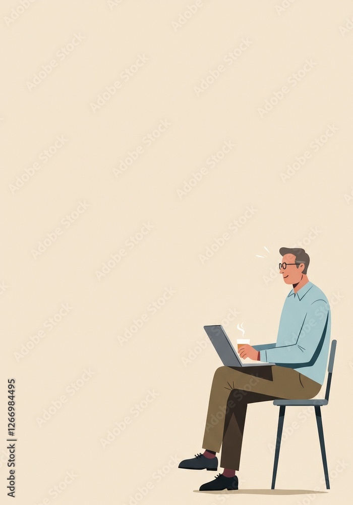 Minimalist Illustration of a Man Relaxing with Coffee and Laptop, Ideal for Work-Life Balance and Remote Work Concepts Minimalist Illustration of a Man Relaxing with Coffee and Laptop, Ideal for Work-Life Balance and Remote Work Concepts