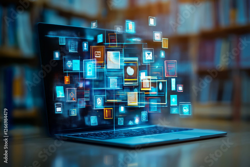 Concept of an e library with virtual icons computer