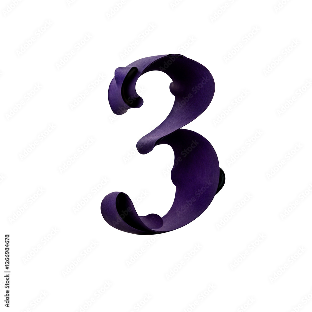 A stylized number 3 in deep purple, crafted to look like curled paper. Elegant serif structure with curling edges, creating depth. Sophisticated, artistic, modern, and luxuriously decorative. A stylized number 3 in deep purple, crafted to look like curled paper. Elegant serif structure with curling edges, creating depth. Sophisticated, artistic, modern, and luxuriously decorative.