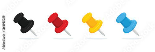 Push pin icon set in black, red and yellow color flat style. social media, pin icon. needle, pinned, attach, and note symbol. outlined, flat, vector icon, thumbstick, Paperclip.