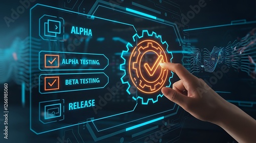 Software Development Lifecycle with Testing Phases, software development, alpha testing, beta testing, release phase, software lifecycle.	