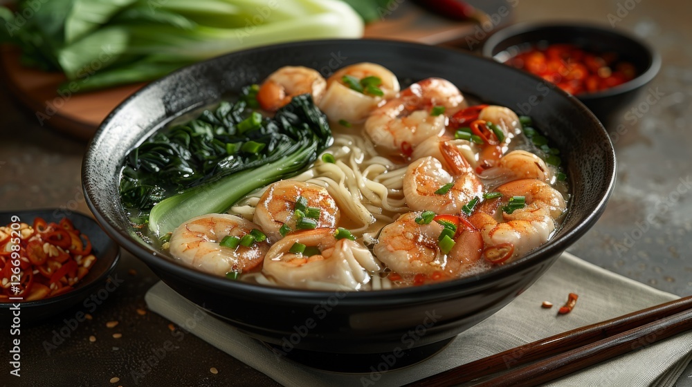 Wonton noodle soup: Bowl of Cantonese-style soup, featuring plump shrimp dumplings, thin egg noodles, and vibrant bok choy. Wonton noodle soup: Bowl of Cantonese-style soup, featuring plump shrimp dumplings, thin egg noodles, and vibrant bok choy.