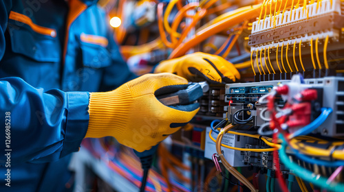 Precision Engineering: Close-up shot of gloved hands expertly working on complex electrical wiring, showcasing meticulous detail and precision in industrial settings.