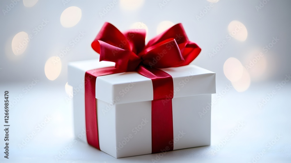 Elegant white gift box beautifully wrapped with a vibrant red bow perfect for any occasion Elegant white gift box beautifully wrapped with a vibrant red bow perfect for any occasion