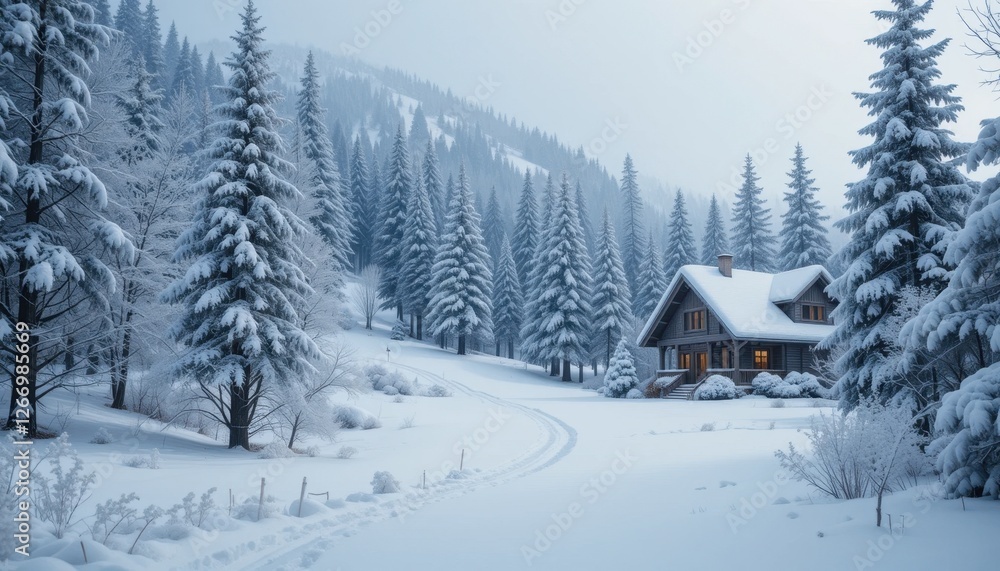 Fototapeta premium Snowy cabin nestled amongst pine trees in serene winter landscape