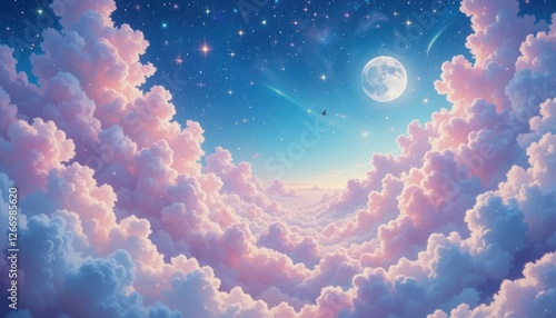 Dreamy night sky with moon and starry pink clouds