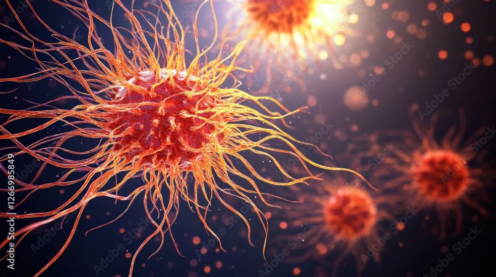 Fototapeta premium Close up image of neurons and orange bacteria showcasing detailed cellular structures and textures