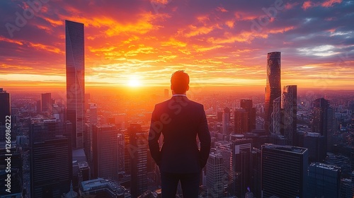 A business leader standing confidently on a skyscraper rooftop at sunrise, vibrant and inspiring 
