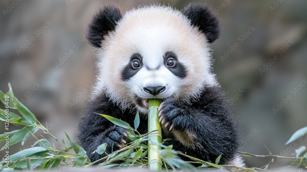 Cute Baby Panda Eating Bamboo in Nature. Possible use Children's book illustration, educational materials Cute Baby Panda Eating Bamboo in Nature. Possible use Children's book illustration, educational materials