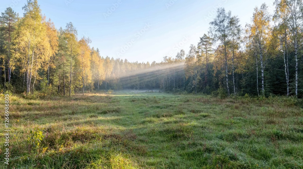 Fototapeta premium Autumn sunrise meadow, forest background, nature scene, landscape photography