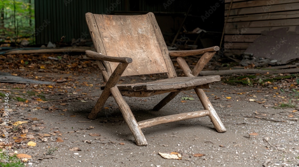 Rustic wooden chair outdoors, autumn leaves, shed background Rustic wooden chair outdoors, autumn leaves, shed background
