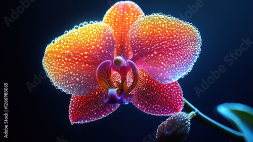 closeup of vibrant orchid with glowing petals and water droplets