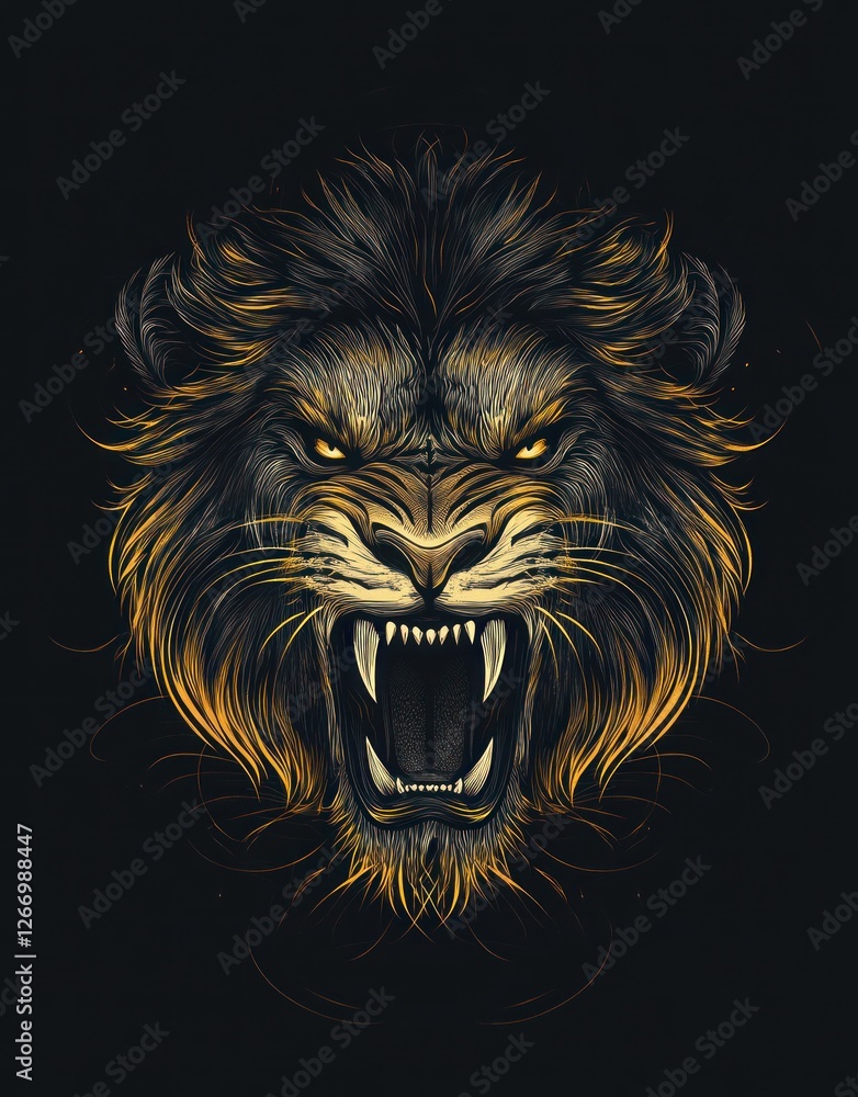 Obraz premium Roaring lion, dark background, wild animal portrait, graphic design