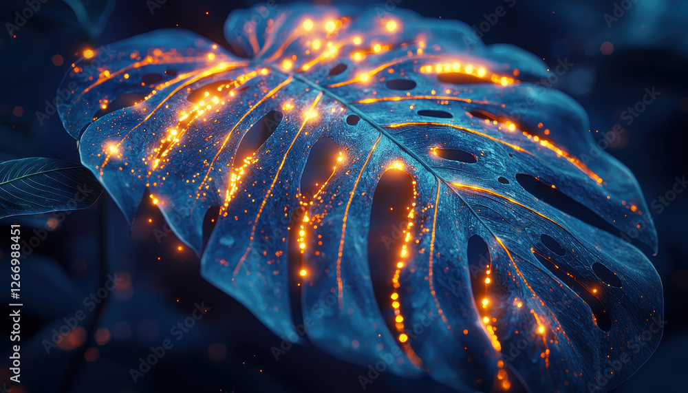 Obraz premium Intricate monstera leaf glowing with vibrant details in dark setting