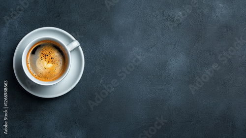 Coffee Break: A simple, yet inviting overhead view of a steaming cup of black coffee in a classic white mug, ready to awaken the senses.