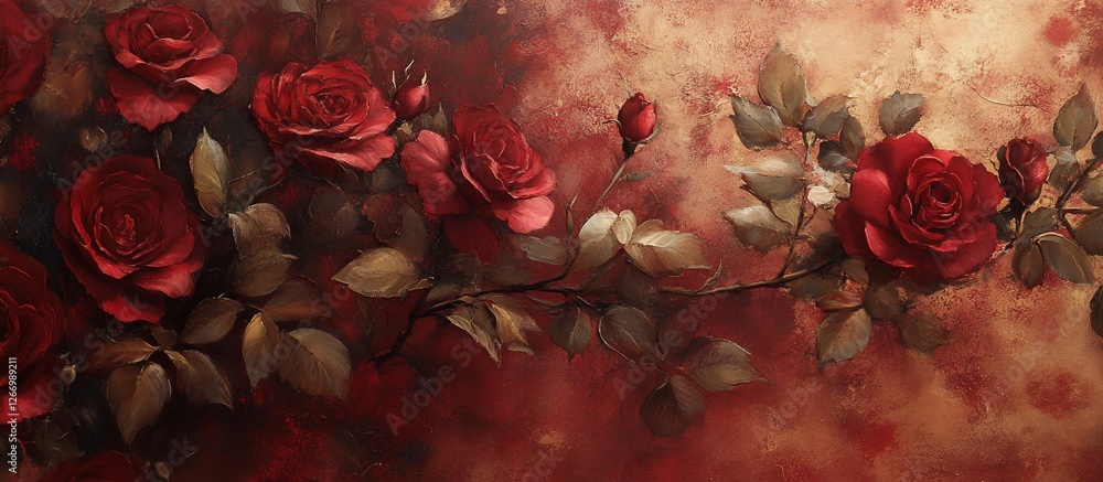 A vibrant arrangement of red roses against a textured golden background, evoking romance A vibrant arrangement of red roses against a textured golden background, evoking romance