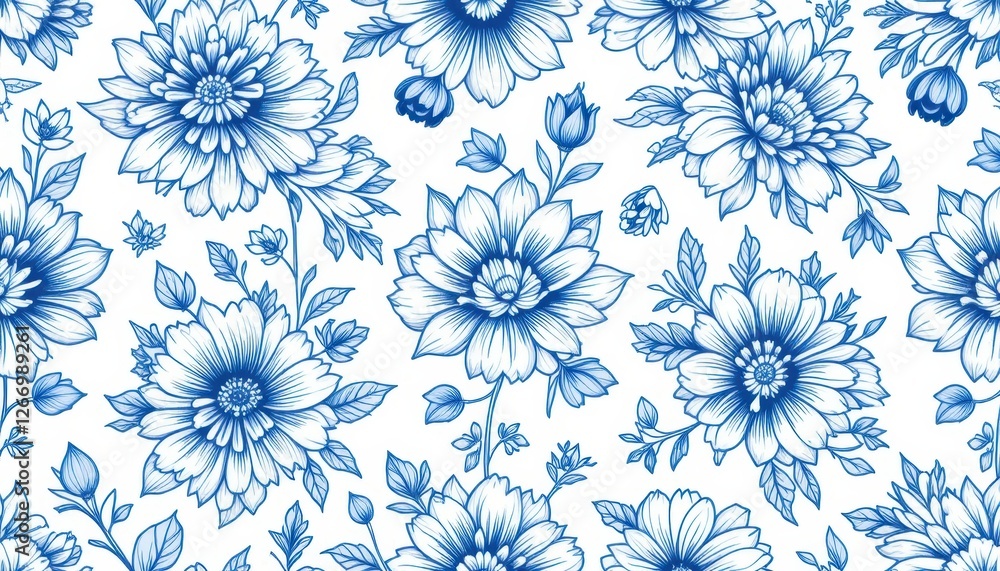 Intricate blue floral pattern on white background with detailed blossoms and leaves Intricate blue floral pattern on white background with detailed blossoms and leaves