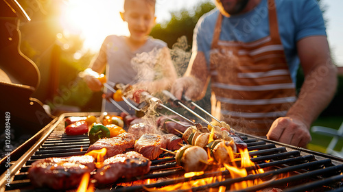 Summer BBQ Fun: Father and son team up for a sizzling summer barbecue, grilling delicious meats and vegetables. The sun shines brightly.