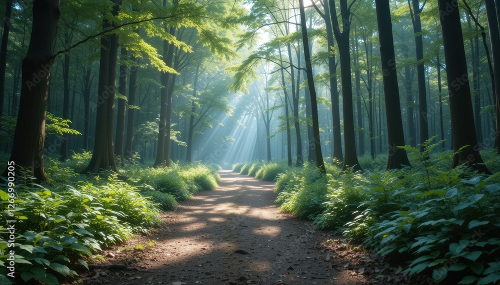 Obraz premium Sunlit forest path with lush greenery and majestic trees