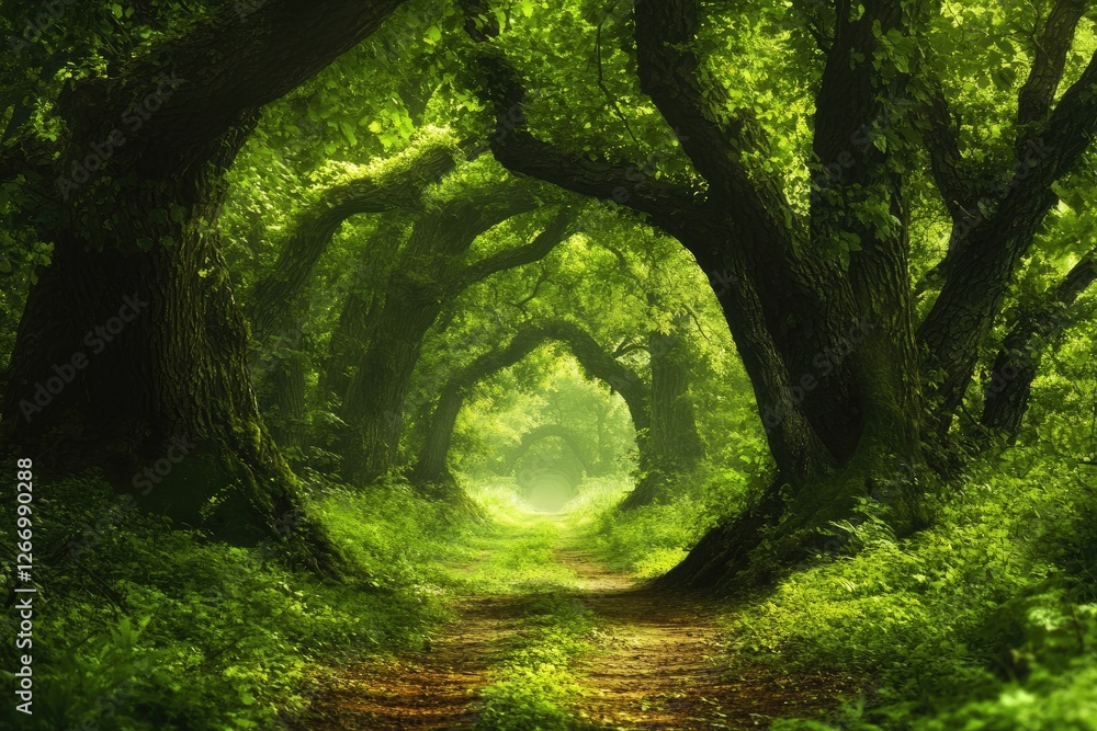 Lush green forest path, misty tunnel of trees, nature background, tranquility