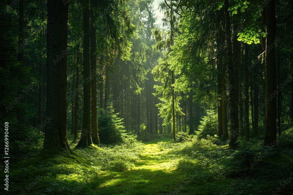 Sunlit Forest Path, Lush Greenery, Morning Mist, Nature Scene, Calming Background Sunlit Forest Path, Lush Greenery, Morning Mist, Nature Scene, Calming Background