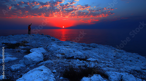 Silhouetted figure admires a breathtaking sunset over a dramatic, rocky coastline. Vibrant red and blue hues paint the sky and sea, creating a powerful image of awe and wonder. photo