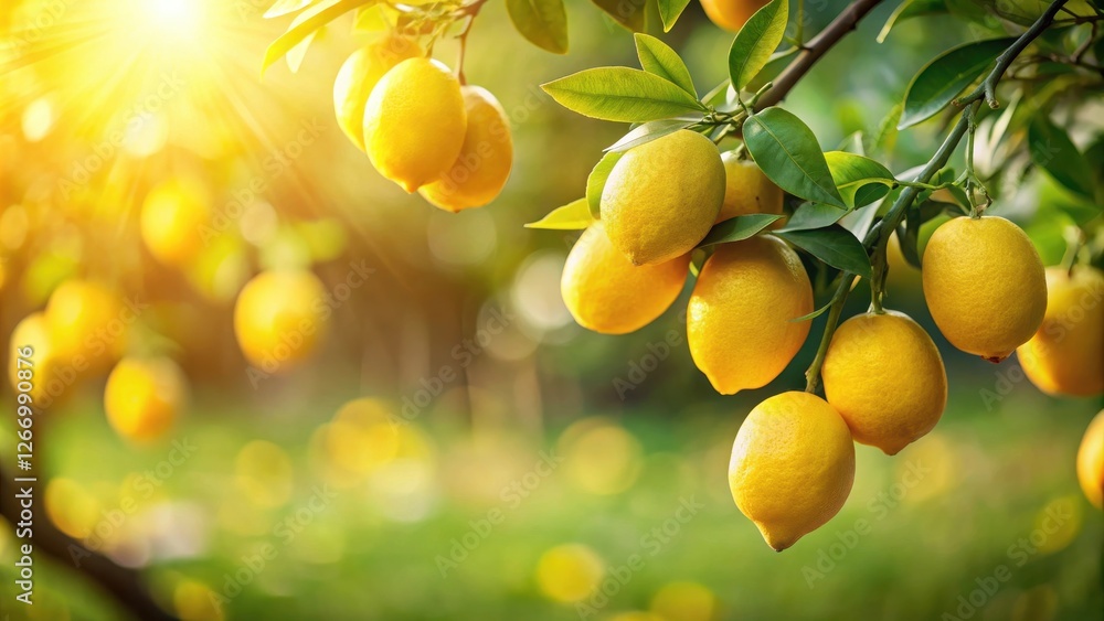 Golden Sunlight Illuminates Ripe Lemons Hanging on a Lush Tree Branch in a Vibrant Orchard Golden Sunlight Illuminates Ripe Lemons Hanging on a Lush Tree Branch in a Vibrant Orchard