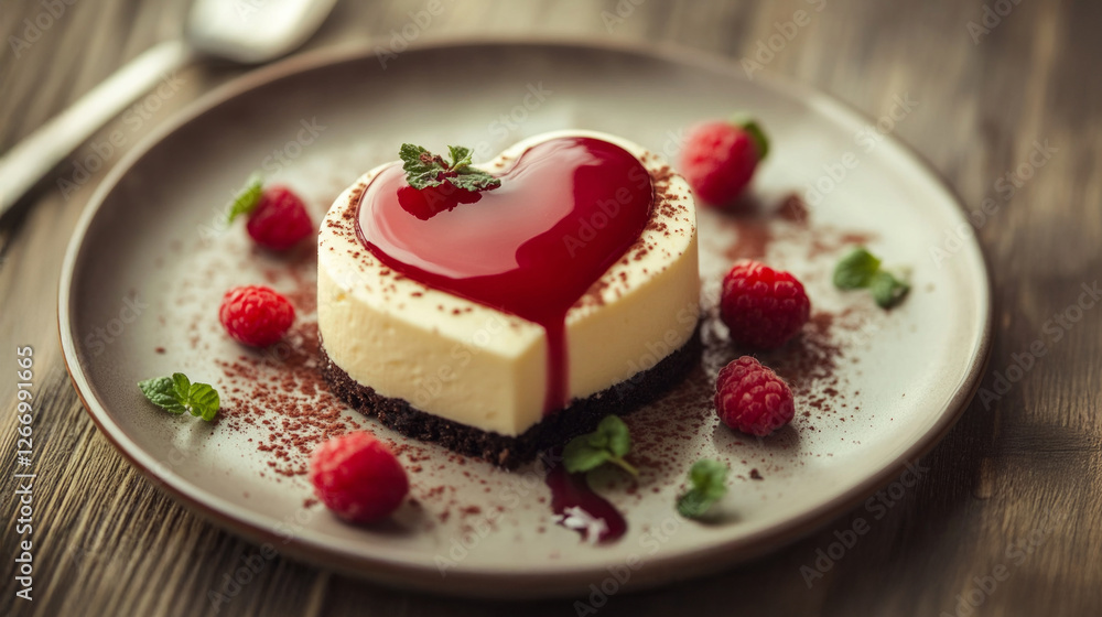 Heart-shaped dessert with raspberry glaze garnished with fresh mint on a rustic wooden table Heart-shaped dessert with raspberry glaze garnished with fresh mint on a rustic wooden table