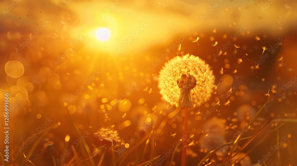 Fototapeta premium A dandelion is in a field with the sun shining on it