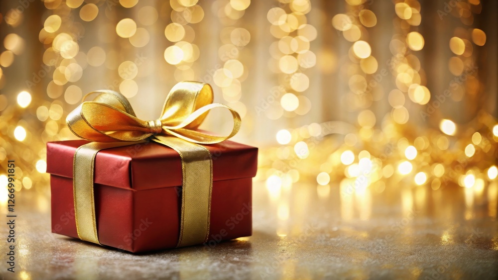 A single red gift box adorned with a gold ribbon sits on a shimmering surface, beautifully presented against a backdrop of warm golden lights. A single red gift box adorned with a gold ribbon sits on a shimmering surface, beautifully presented against a backdrop of warm golden lights.