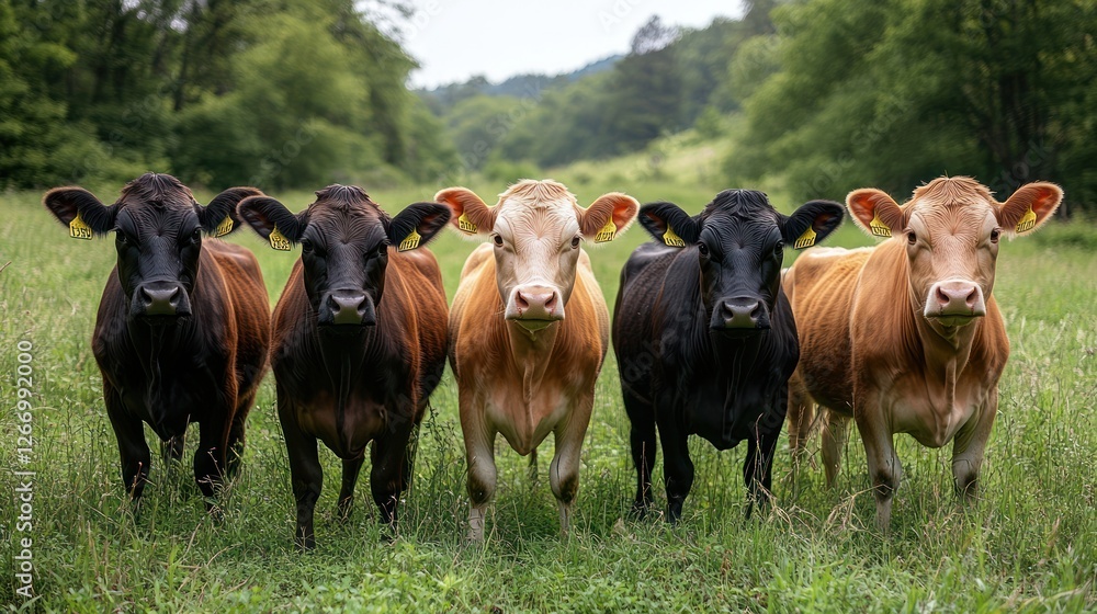 Five cows pasture hillside farm portrait Five cows pasture hillside farm portrait